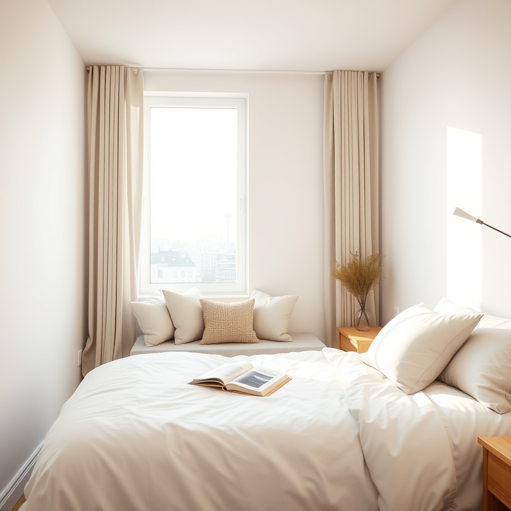 A minimalist bedroom with a reading nook and soft natural light.
