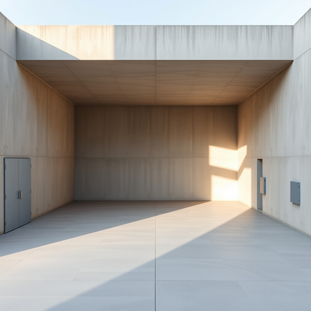 A minimalist concrete building with simple lines and natural light, featuring an empty space.