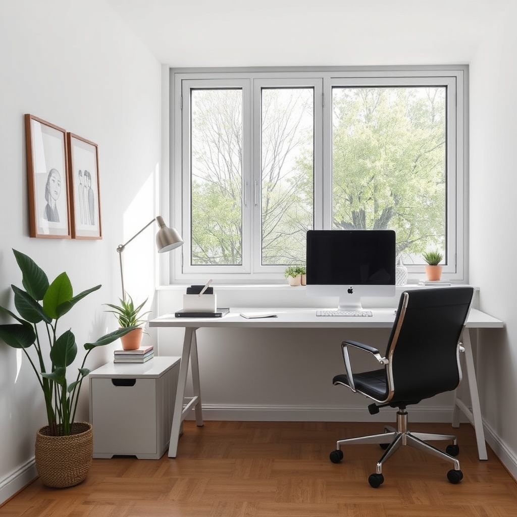 A minimalist home office with a white desk and a black chair, bathed in natural light from a large window.