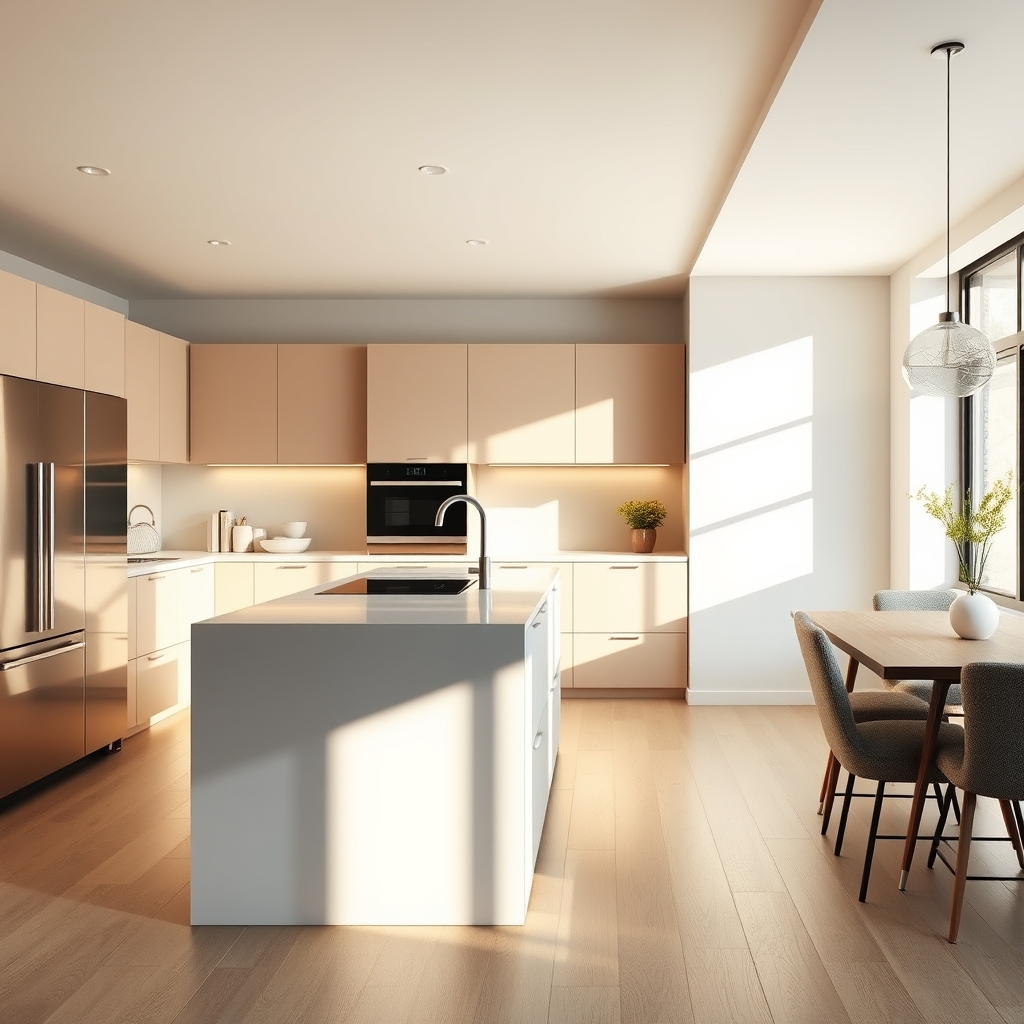 Modern kitchen with island, soft lighting, minimalist decor, warm morning light on kitchen counters