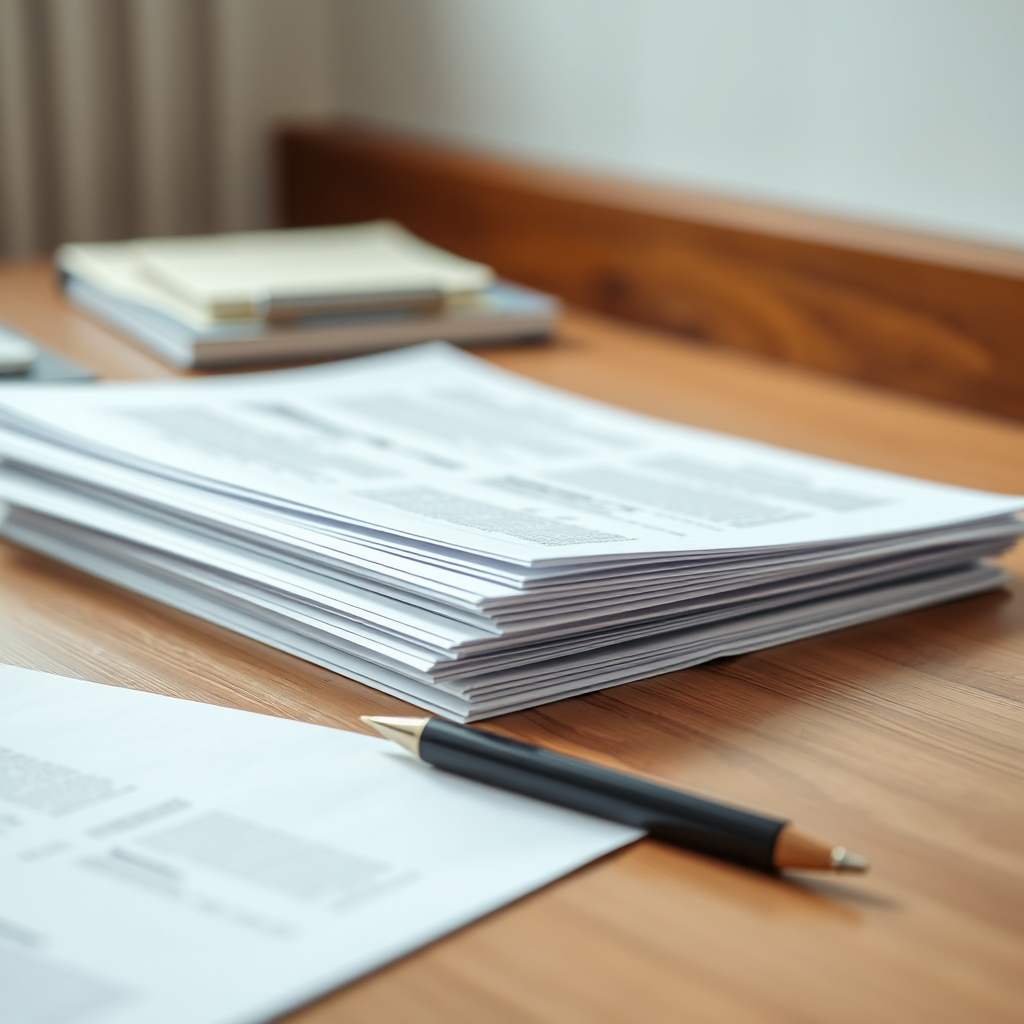 A minimalist office scene featuring a stack of documents and a pen on a wooden desk, illuminated by soft natural light.