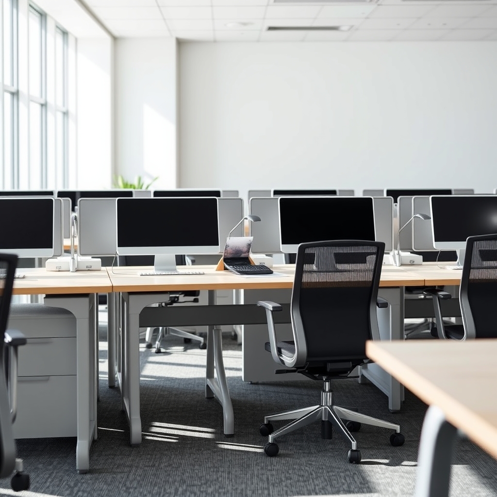 A minimalist office space with natural light and a single desk.