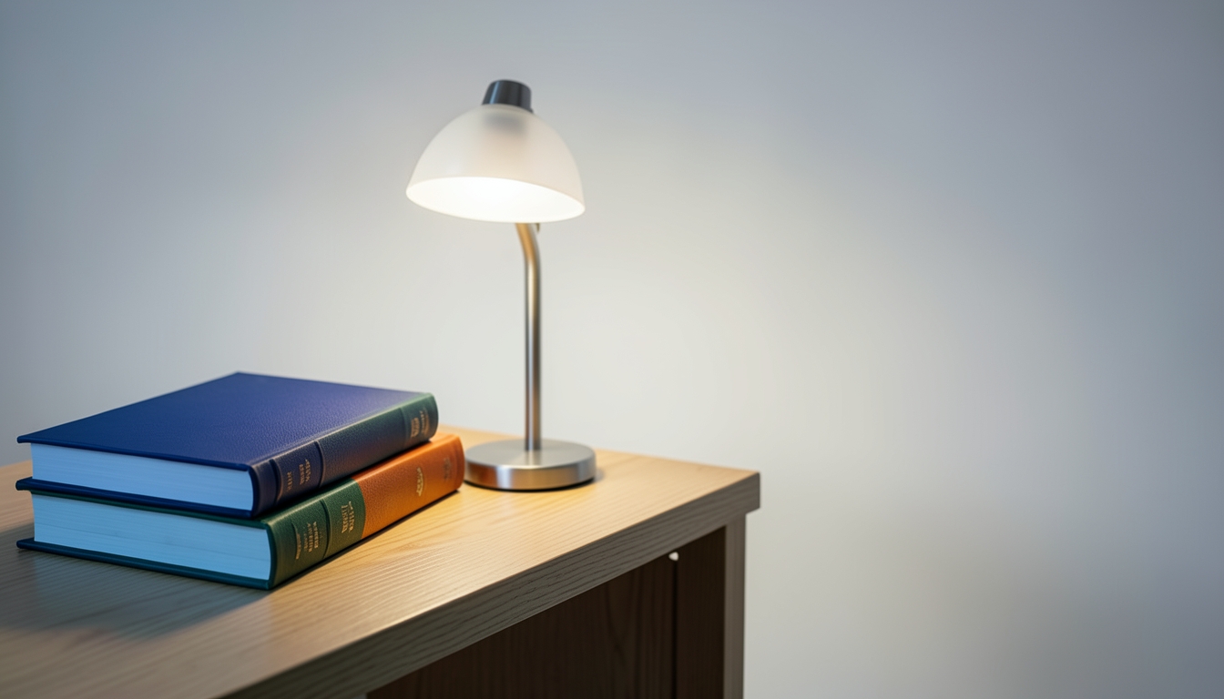 A tidy study desk with books and a lamp, soft lighting, minimalistic composition, realistic style.