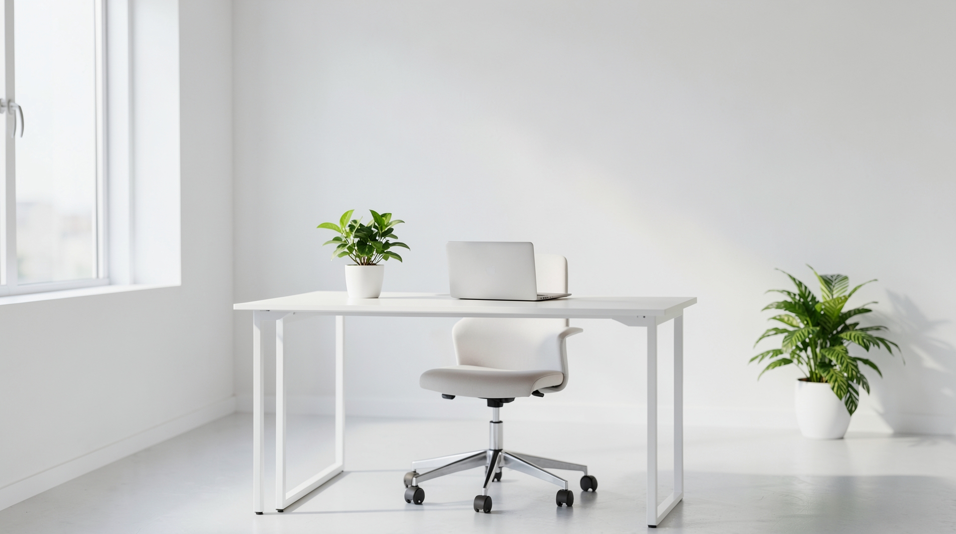Empty white office with desk, laptop, and plants