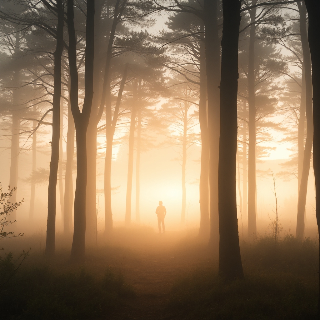 A person stands at the edge of a dense forest, surrounded by towering trees that stretch towards the sky.