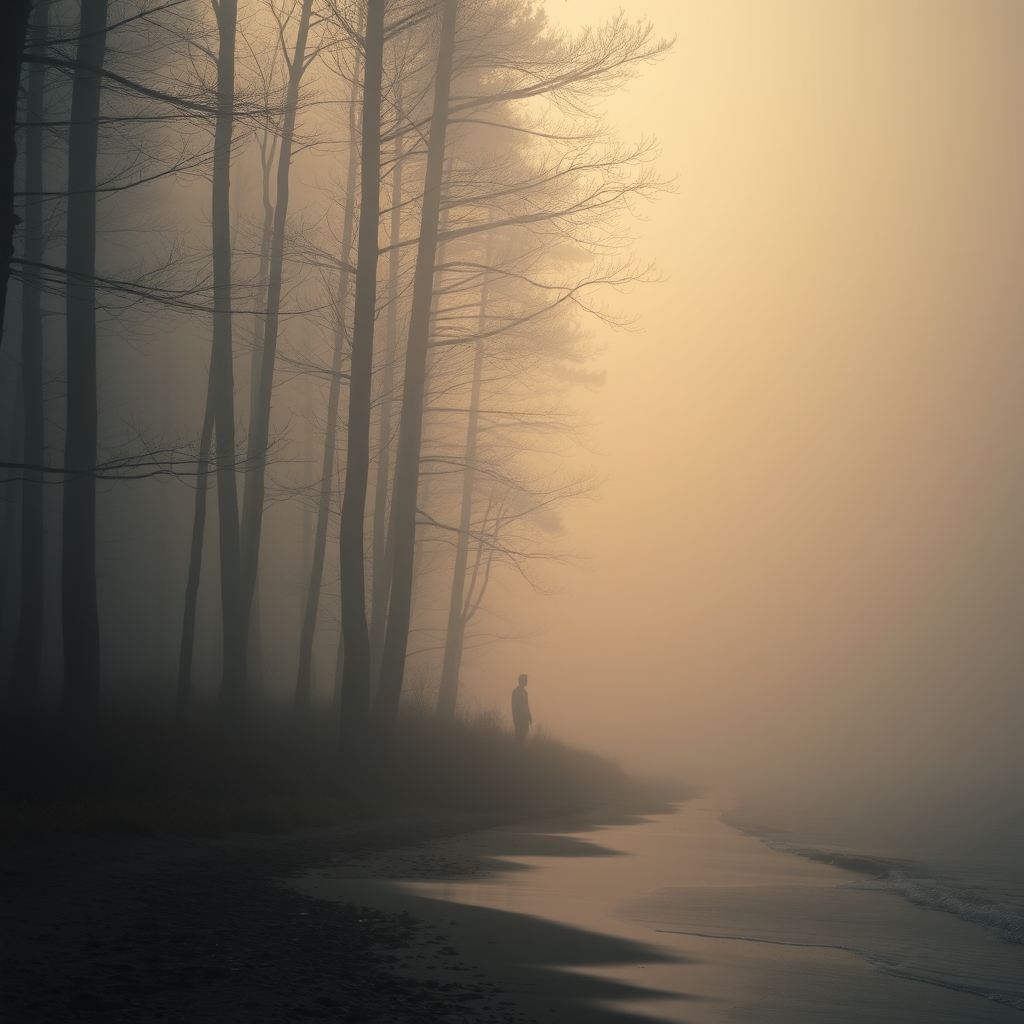 A misty forest threshold with a warm lighting effect, featuring an anonymous figure in the distance and a seaside border at low tide.
