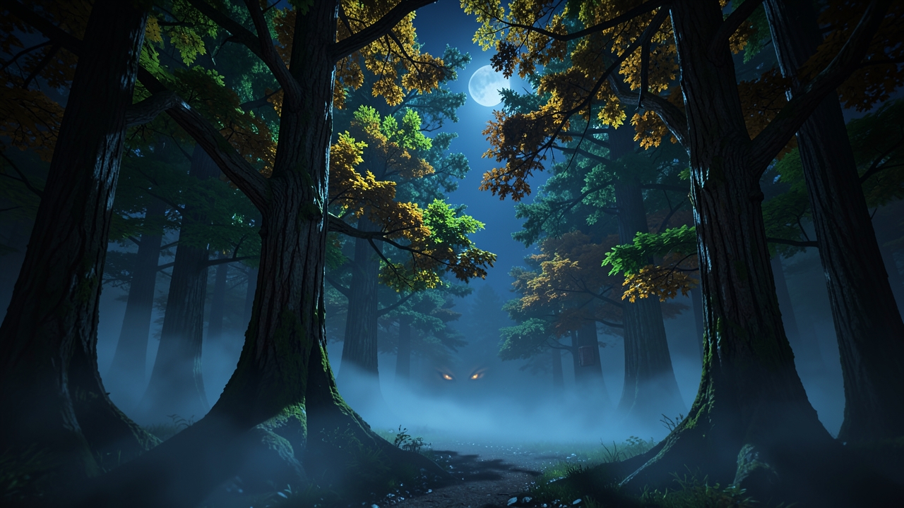 Misty forest with tall trees