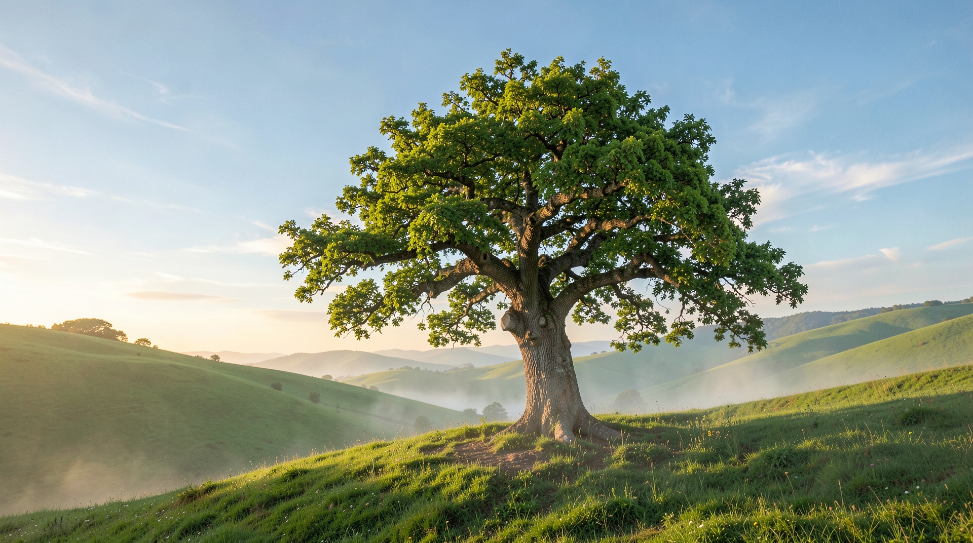 Lone tree on green rolling hills under sunny sky in misty morning fog