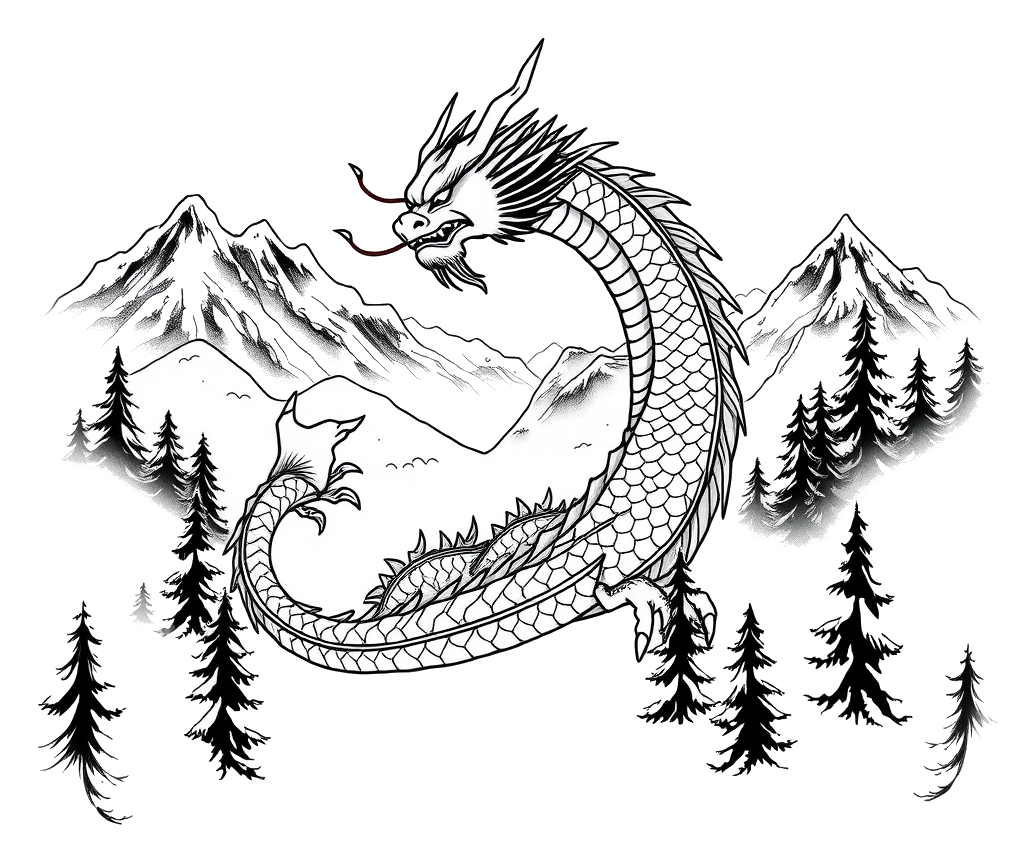 Serene Japanese dragon in misty mountains, warm lighting, majestic composition, traditional style, tattoo flash design, bold black ink line art with c