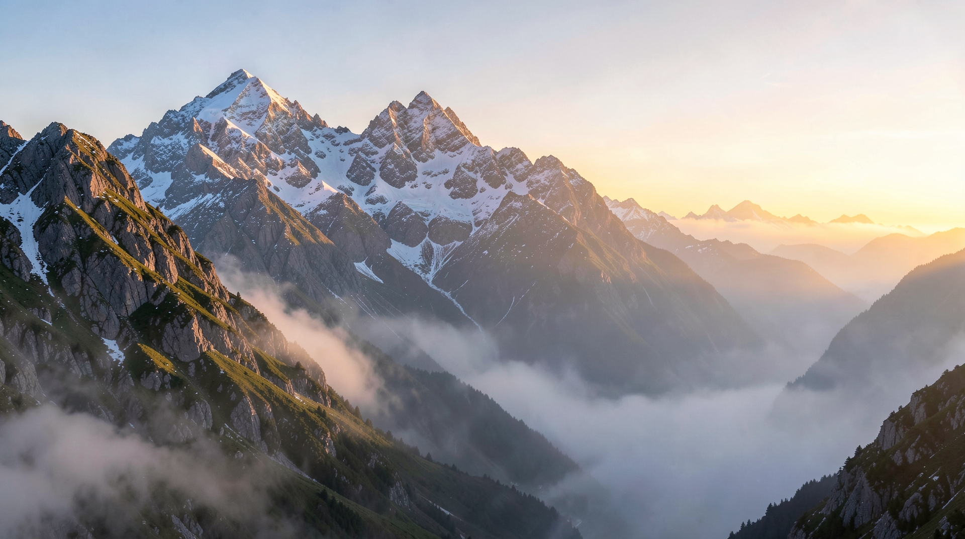 Misty mountain range at sunrise