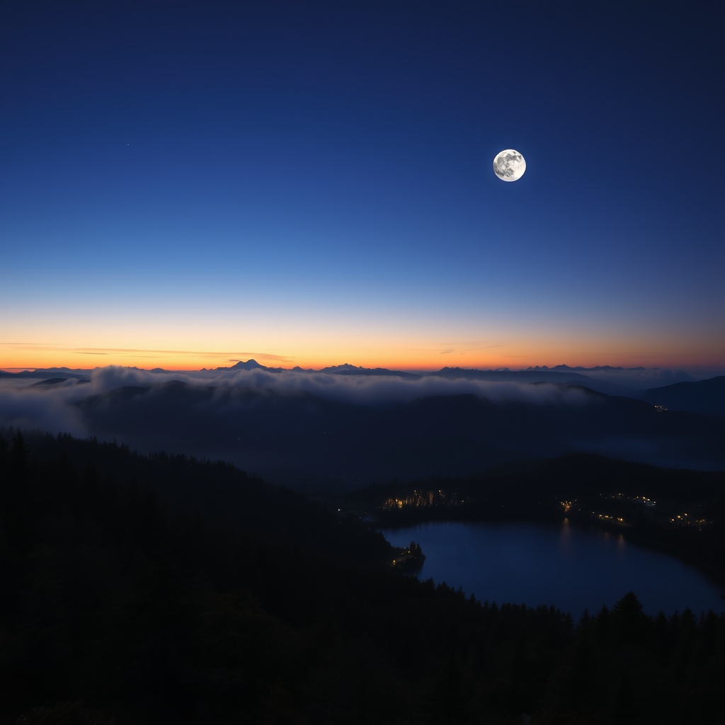 Misty mountain range at sunrise with rolling hills and serene lake