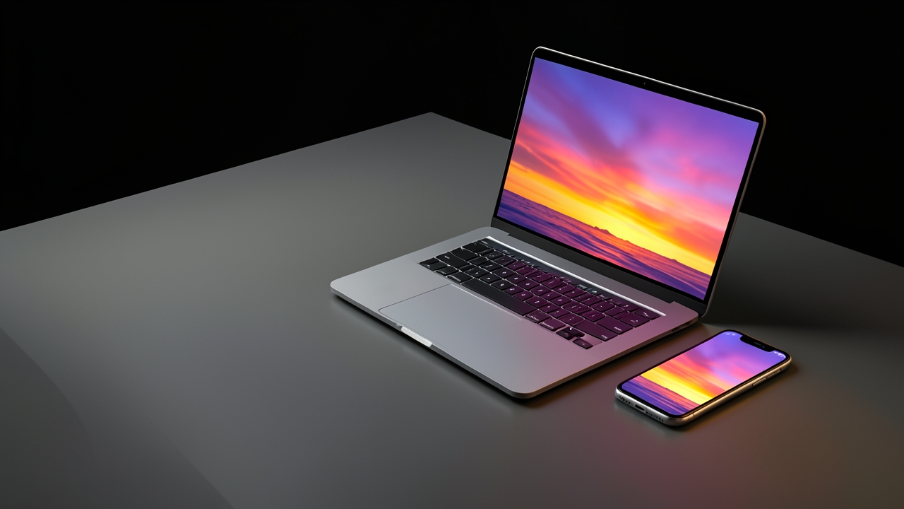 Modern gadgets on a minimalist desk with soft lighting