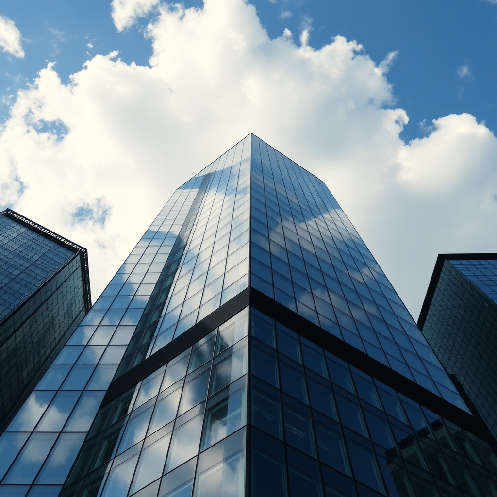 Modern glass skyscraper reflecting fluffy white clouds