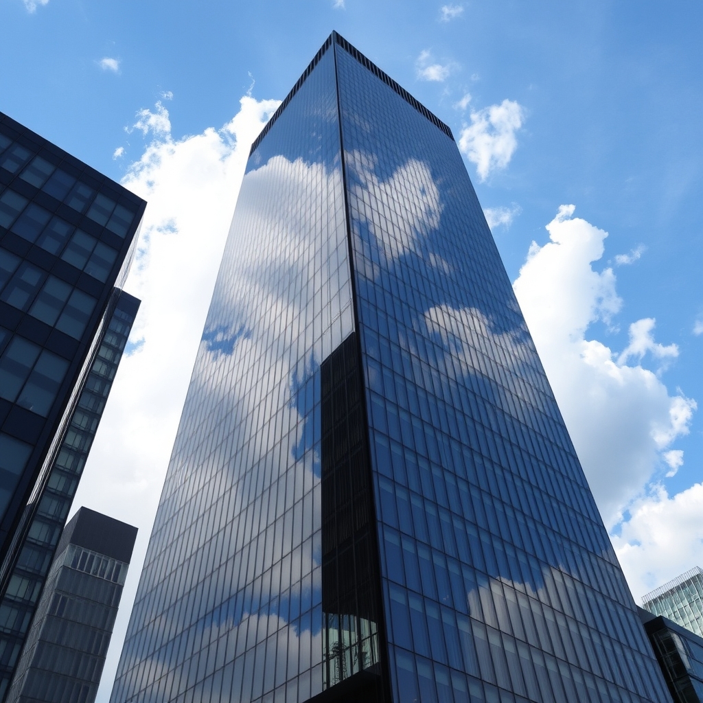 A modern glass skyscraper reflecting fluffy white clouds in a daytime urban setting with a sleek composition and minimalist style.