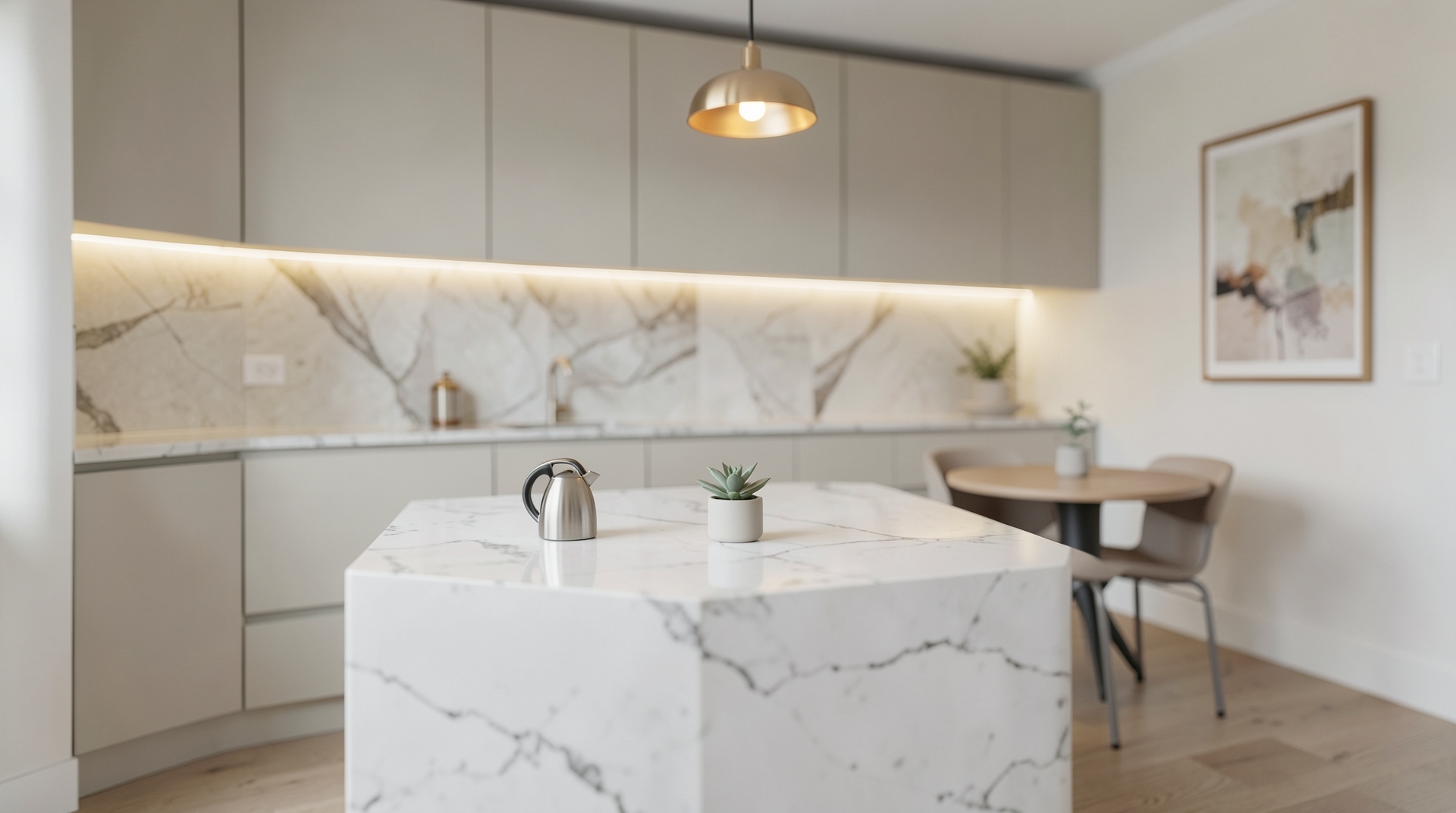 A modern kitchen with a marble counter, soft lighting, and minimalist decor.