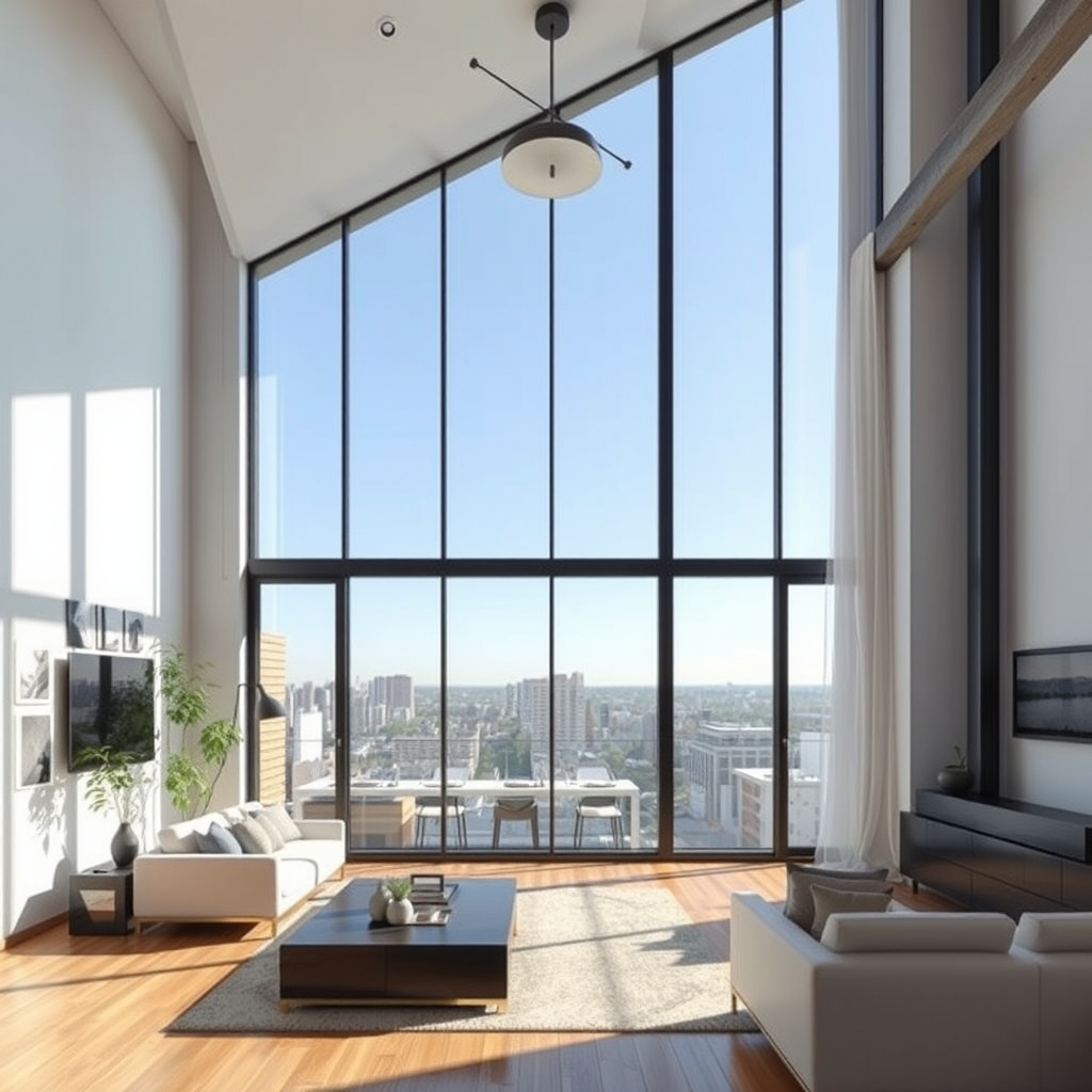 A modern loft apartment with large windows and natural light.