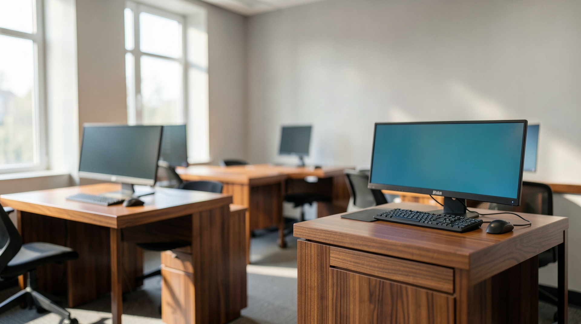 A modern office with wooden desks and natural light.