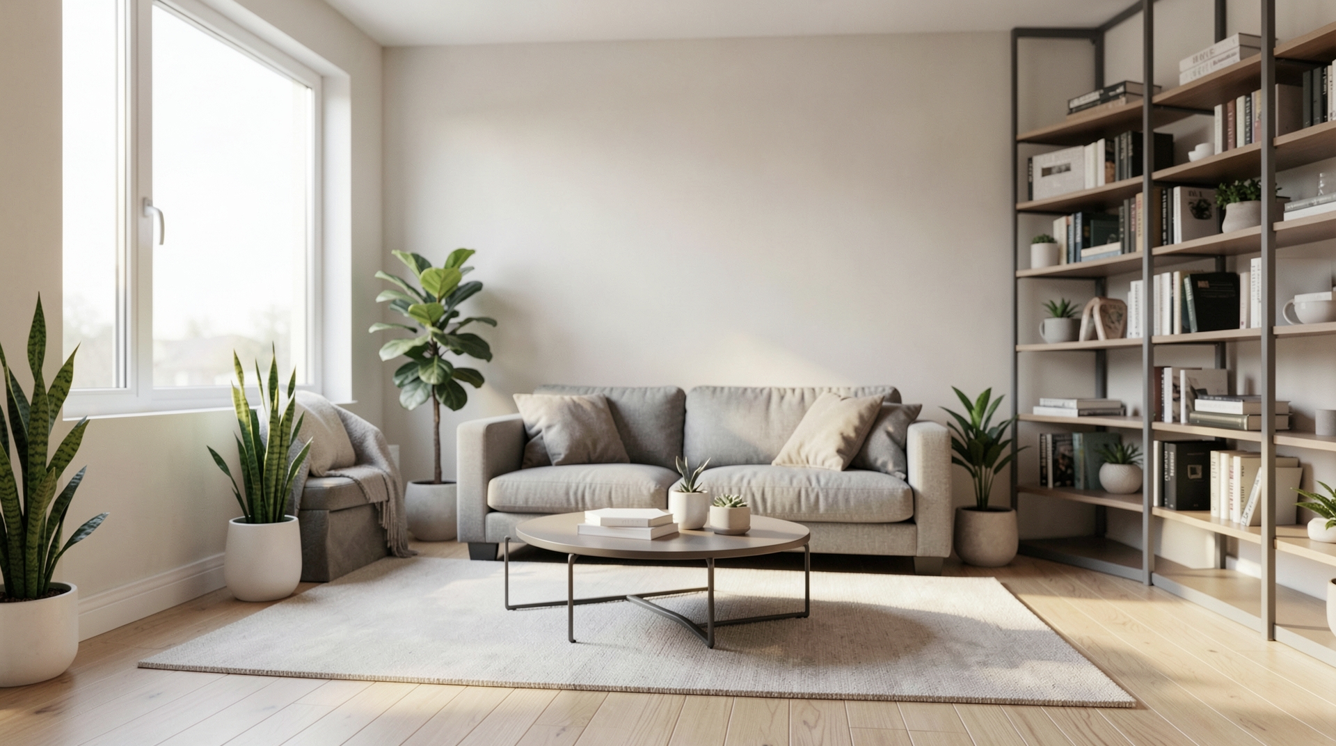 A modern studio apartment with a large window, modern decor, and a bookshelf filled with books and plants.