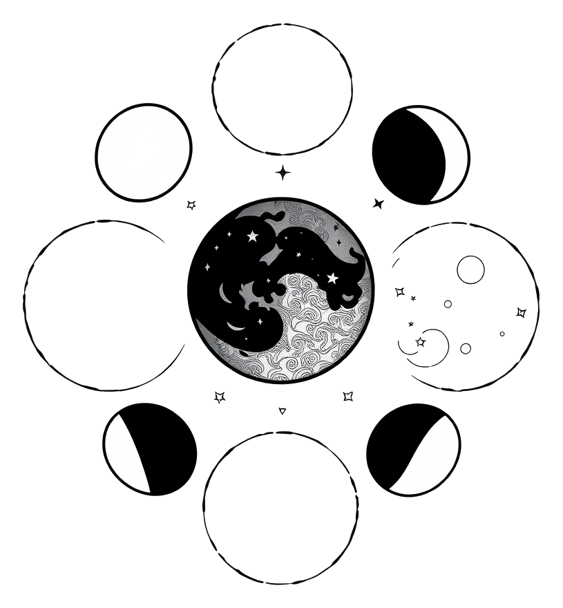 Delicate line illustrations of moon phases on a dark background. Tattoo flash design, bold black ink line art with clean outlines and simple shading,
