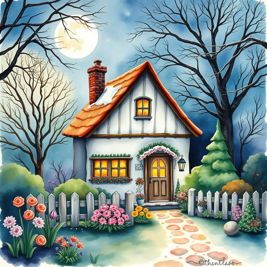 Whimsical watercolor cottage in a lush winter garden under moonlight.