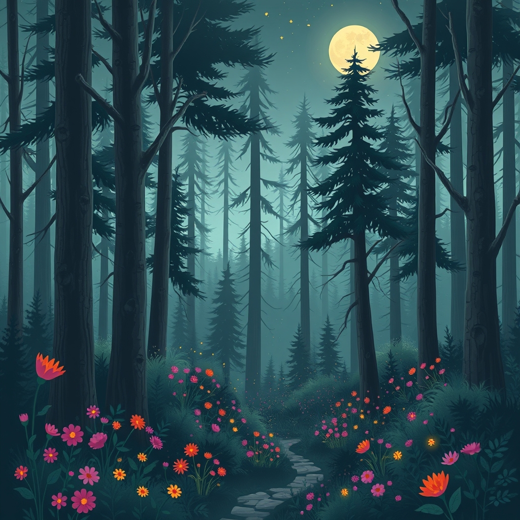 A whimsical forest scene under the soft glow of the moon, with tall trees, colorful flowers, and twinkling fireflies.
