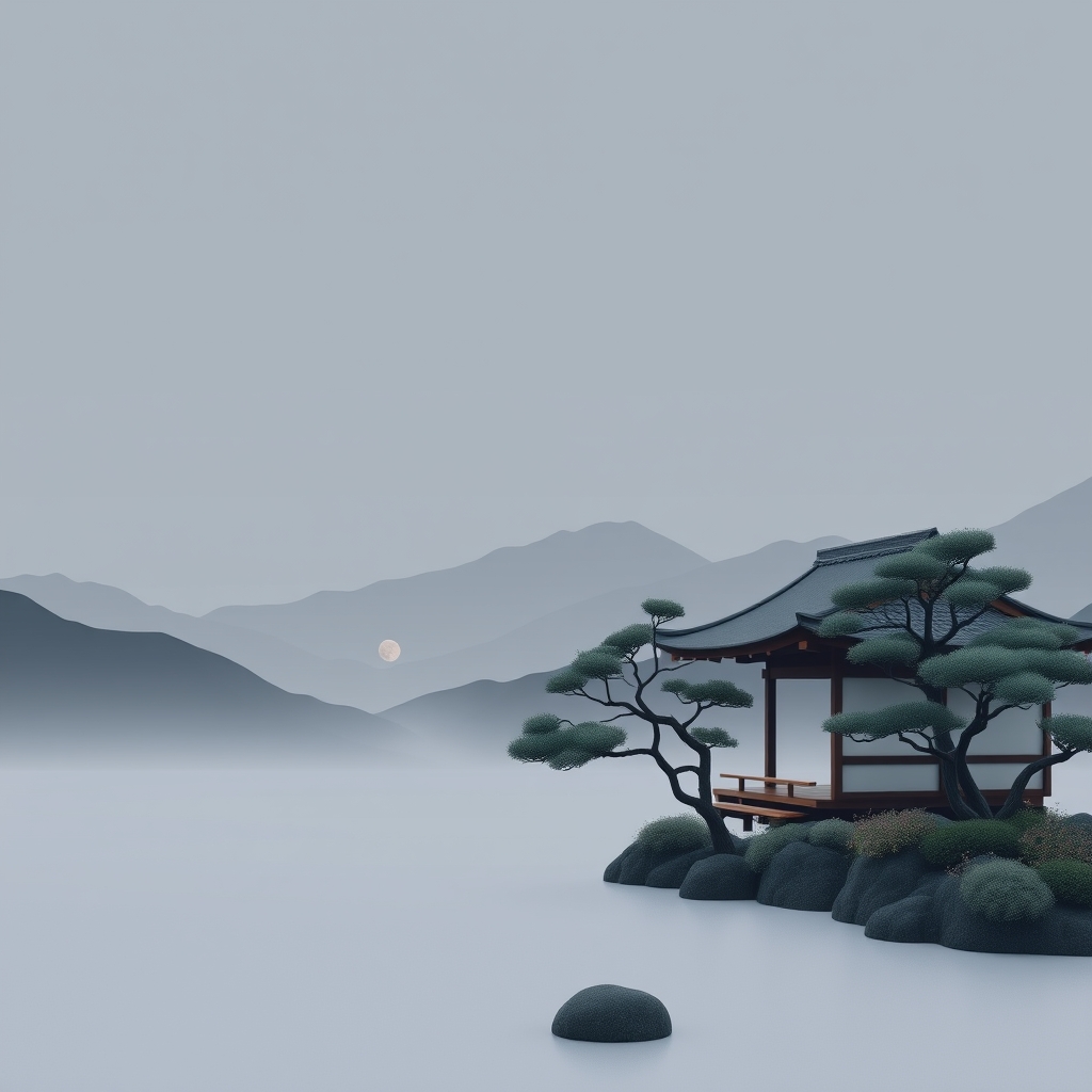 A serene Japanese landscape with mountains under the soft glow of the moonlight, featuring a minimalist Japanese garden with empty space.