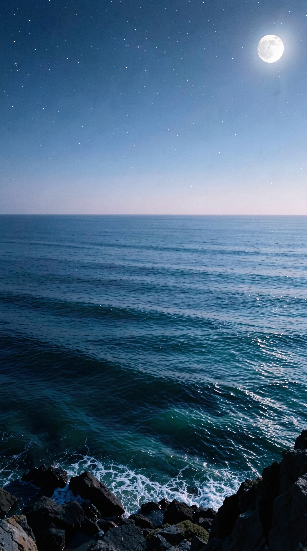 Serene Ocean Waves under Soft Moonlight