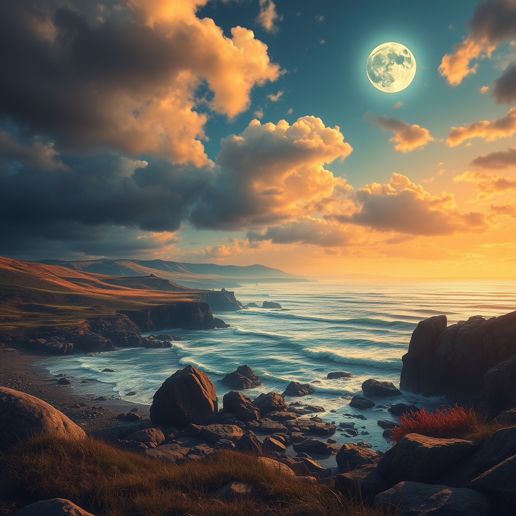A moonlit ocean scene with a rocky shoreline, set against a backdrop of rolling hills and a cloudy sky with warm lighting.