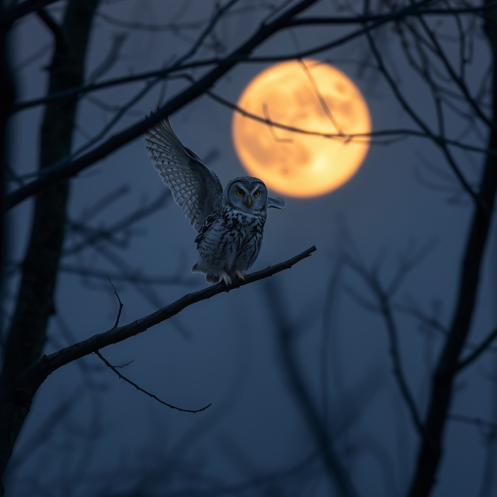 Moonlit owl on a forest branch