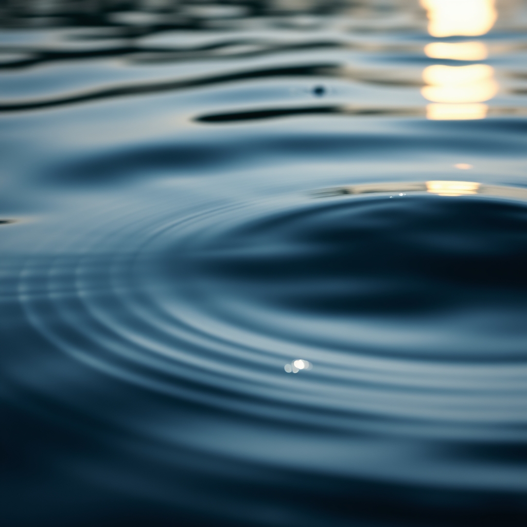 Close-up of water ripples on a serene lake, soft natural light, calm composition, realistic style. Moonlit water reflection.