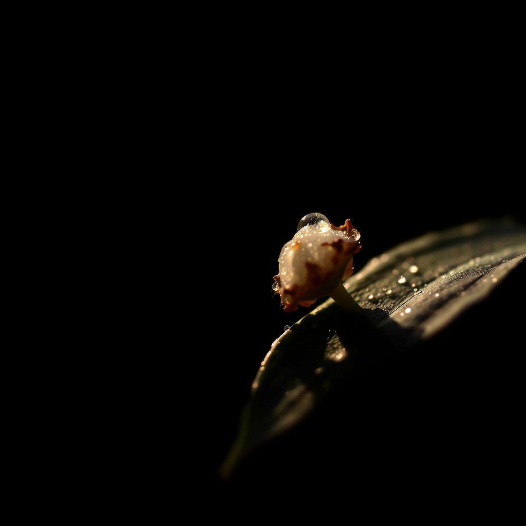 Close-up of a dark leaf with morning dew droplets and soft lighting.