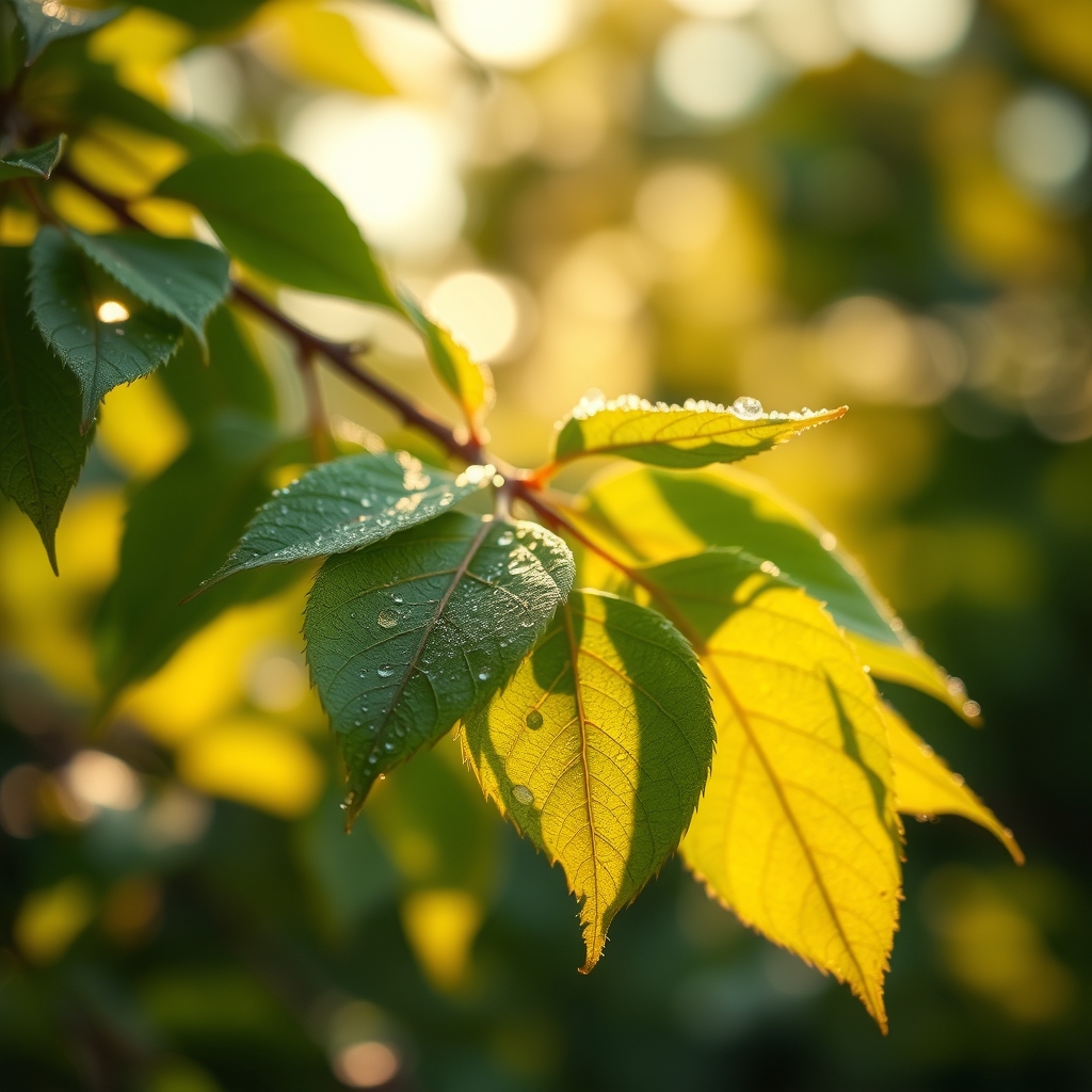 Softly lit summer leaves with morning dew