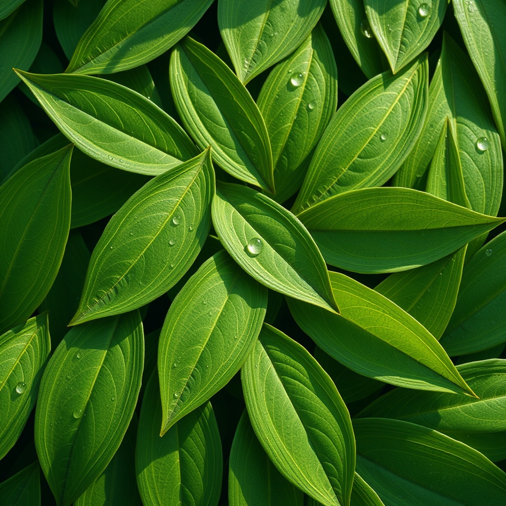 A close-up photograph of green leaves with morning dew drops, showcasing a repeating pattern and minimalist composition in a photorealistic style.
