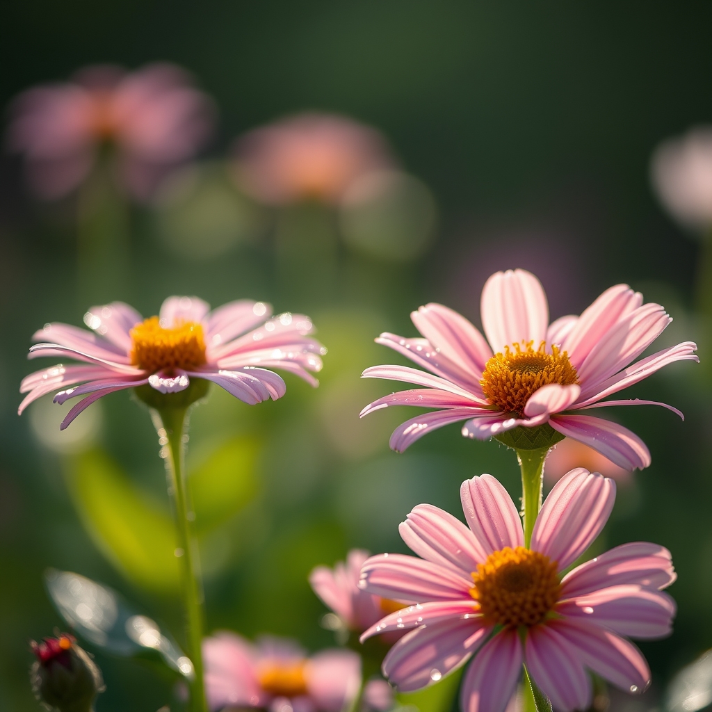 Softly lit, blurred background with sharp, detailed flowers in the foreground. Morning dew on petals