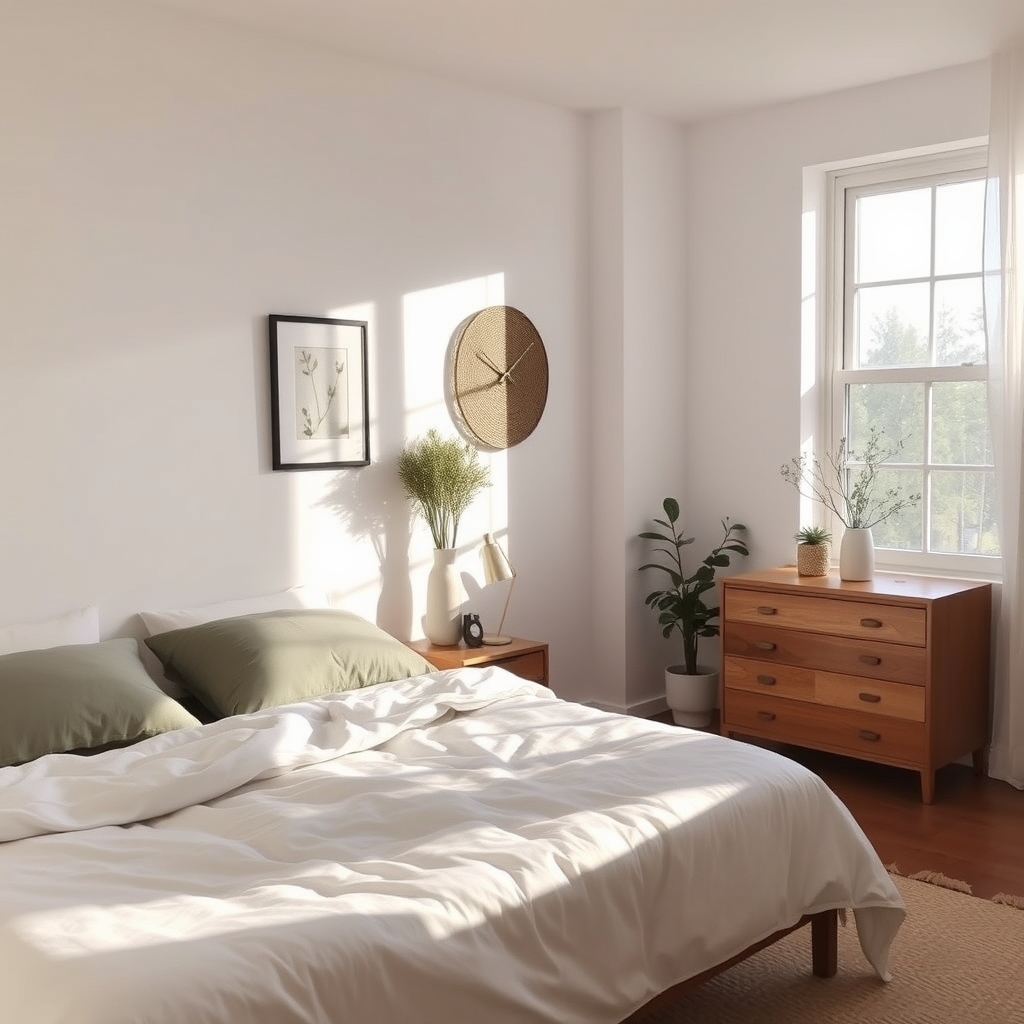 A serene bedroom with a tidy bed and morning light.