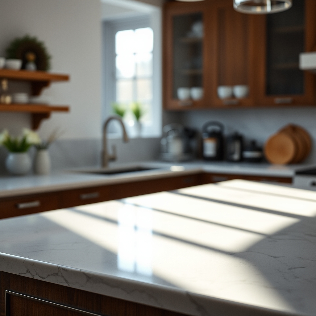 A kitchen counter with a marble countertop, illuminated by morning light.
