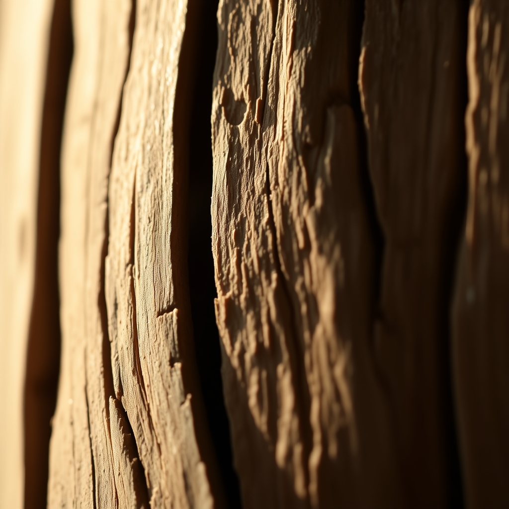 A close-up of natural wood grain with soft morning light, showcasing its warm colors and intricate texture.