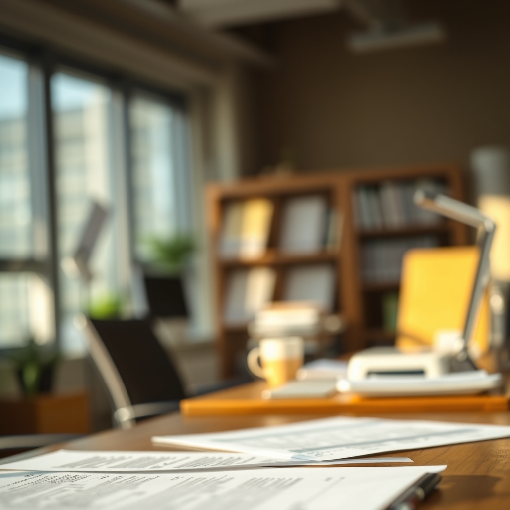 Blurred office background with soft light, focus on wooden desk details. Desk with papers in morning light