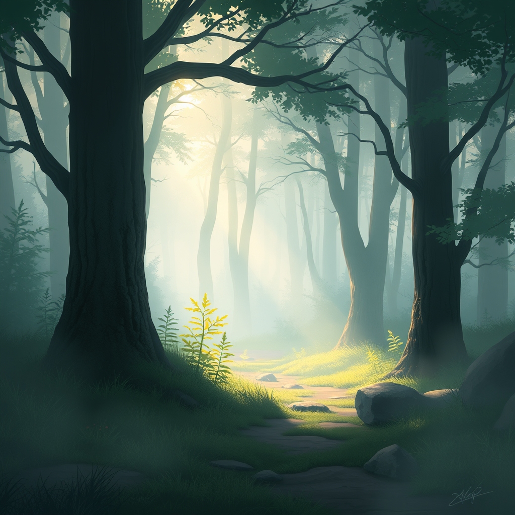A soft and detailed 2D game background featuring a morning misty forest with gentle colors.