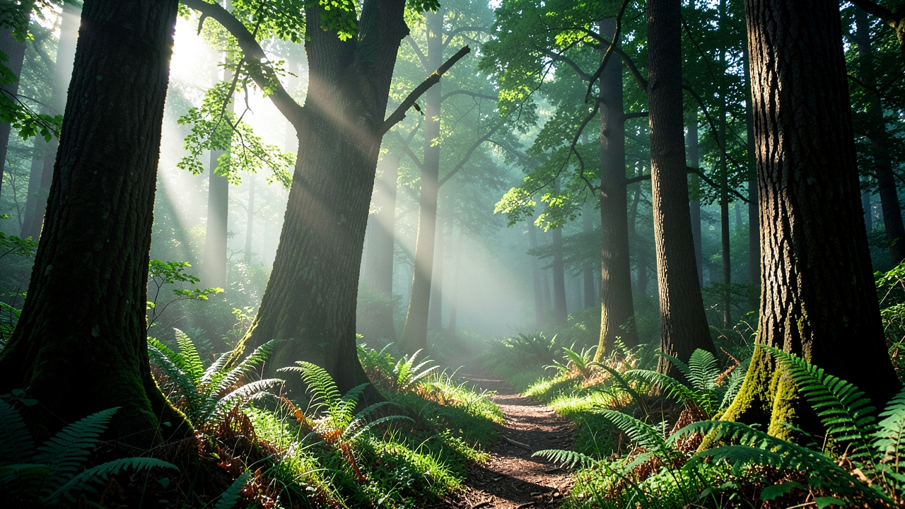 A misty morning forest trail with ferns, ideal for a video thumbnail with big text on the empty side.