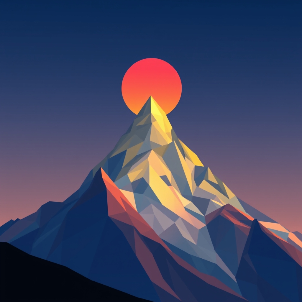 A low poly mountain range at sunset with vibrant colors and geometric shapes, featuring a mountain peak at dawn.