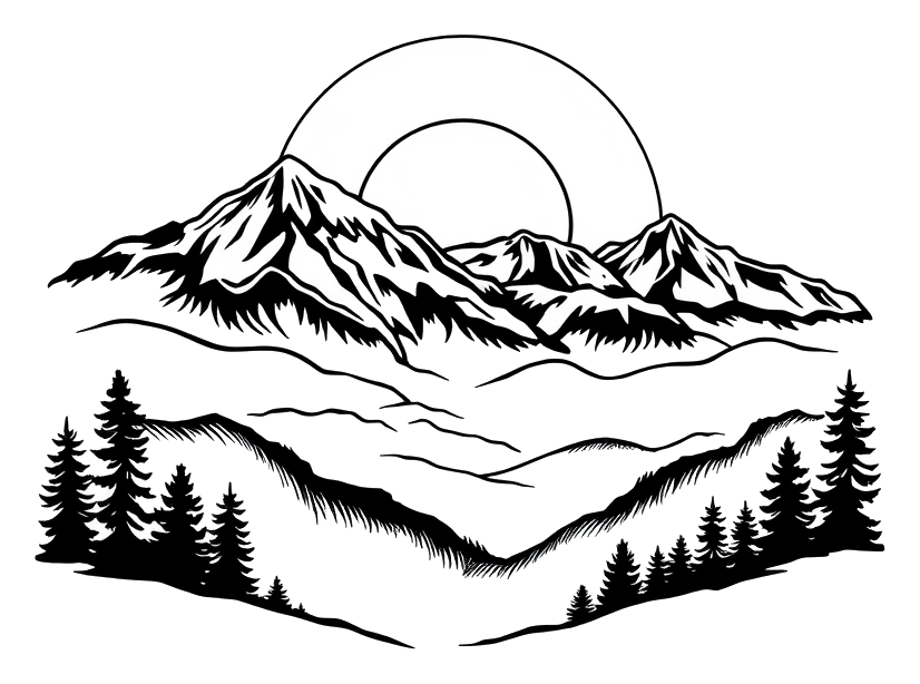 A mountain range at dusk, with the sun setting behind the peaks and casting a warm glow over the landscape.