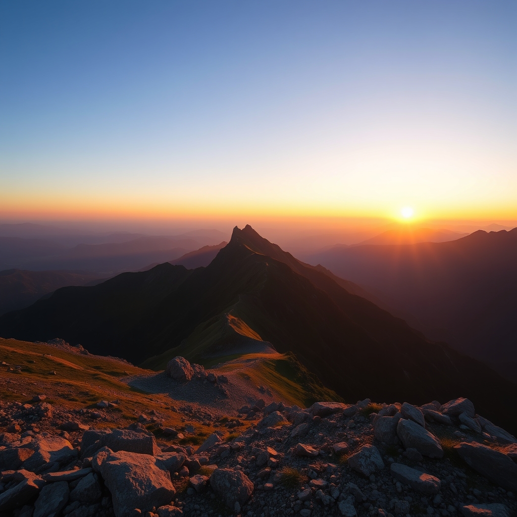 A mountain range at sunset, with warm lighting casting a peaceful ambiance.