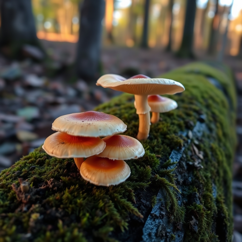 A close-up of a mushroom on a mossy log, set against the backdrop of a forest floor during the warm golden hour light.