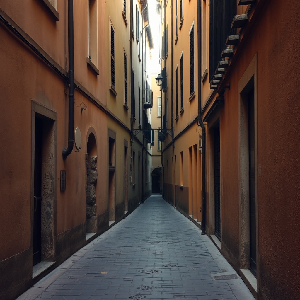 Narrow cobblestone alley in Europe, empty and serene, warm tones