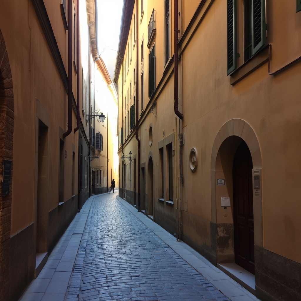 Serene and empty cobblestone alley in Europe with warm tones.