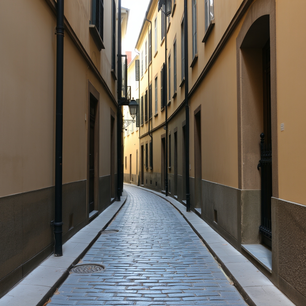 A narrow cobblestone alley in Europe, with soft natural light and warm tones, evoking a sense of serenity and emptiness.