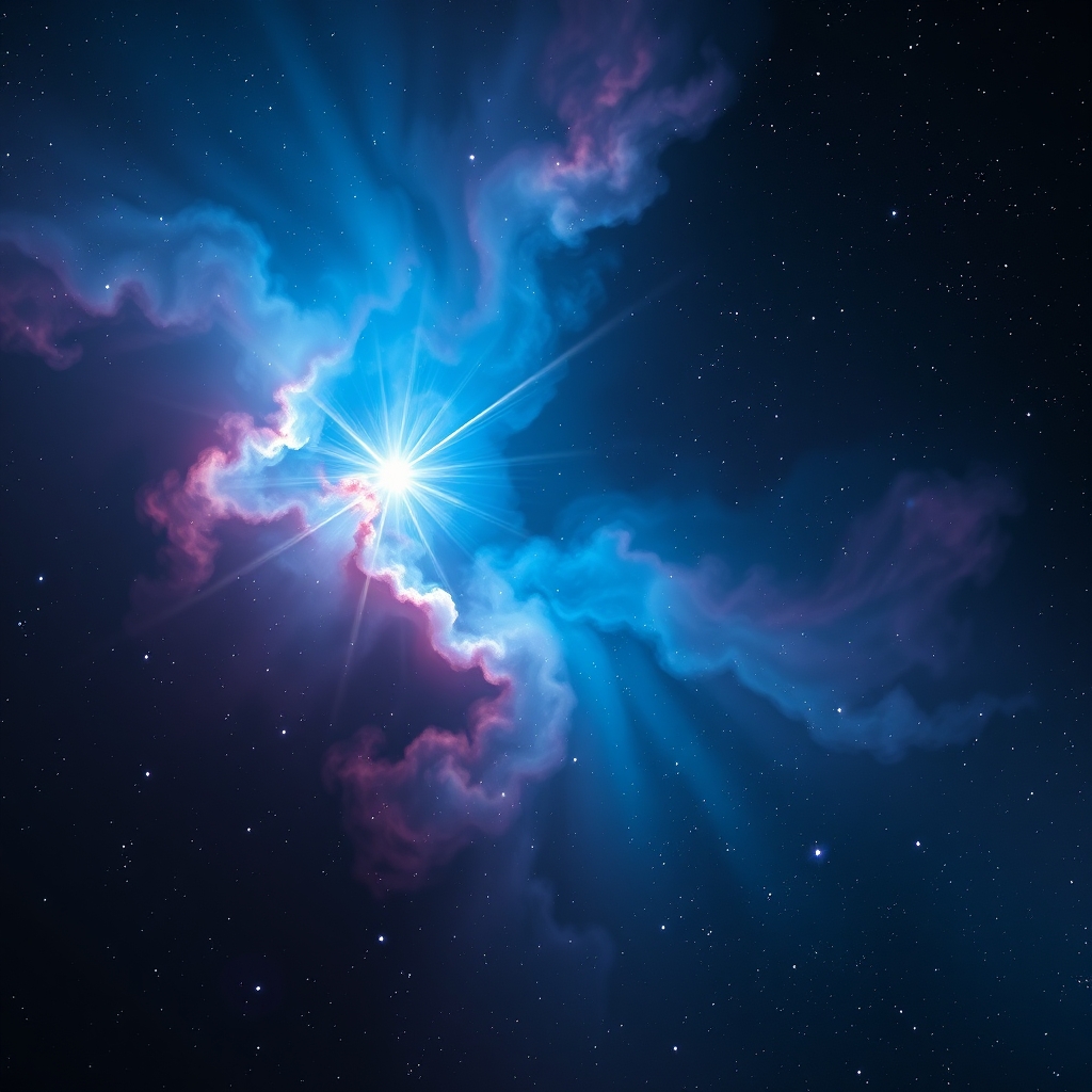 Vibrant nebula in deep space with central star and gas, dark background, cinematic lighting.