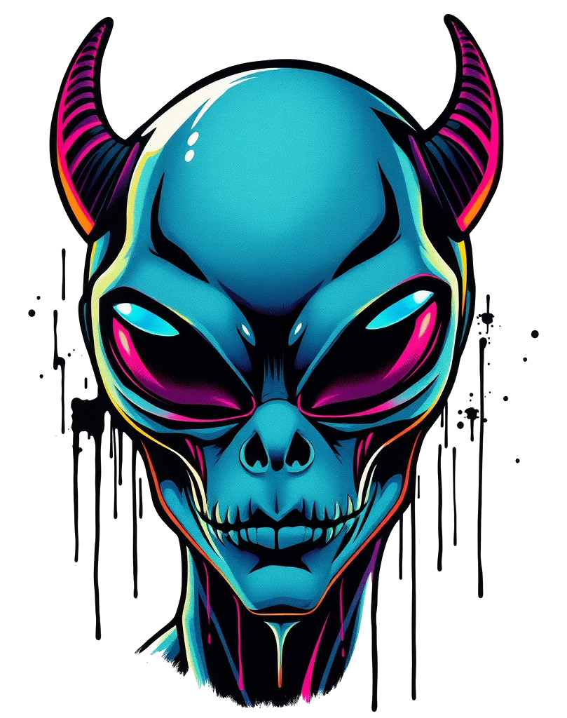A neon-colored alien skull with horns, set against a dark background with dramatic lighting, and featuring a futuristic style, graffiti street art sti