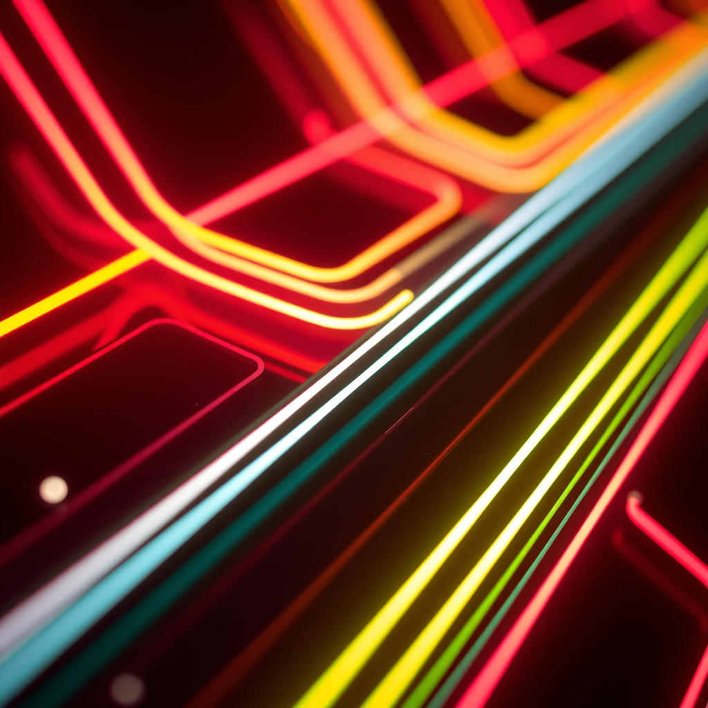 Close-up of glowing neon lines forming circuits in a dark background, high-tech style.
